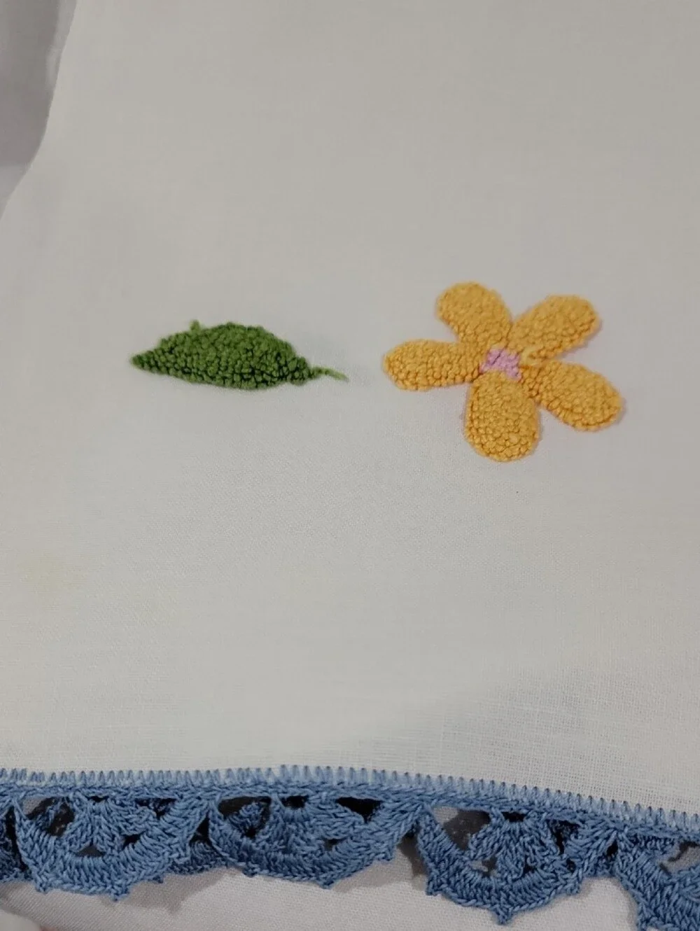Vintage White Embroidered With Blue Lace Trim Table Runner Hand Made Floral